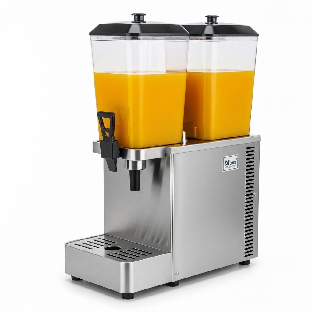 Commercial juice dispenser with transparent containers showing fresh juice